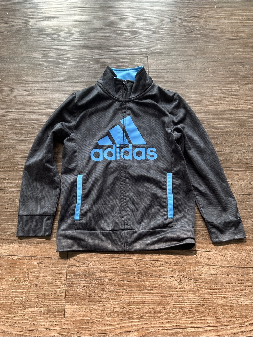 adidas Boys Black Track Jacket with Blue Logo Accents Size 6